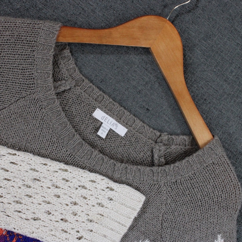 dELiA*s Fair Isle Open Knit Sweater Womens Small Grey Cream Geometric Pointelle